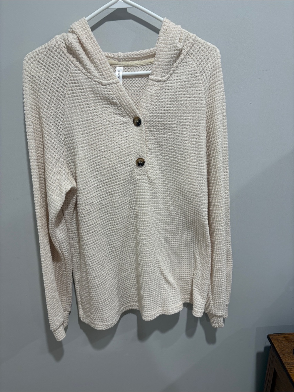 Waffle Knit Henley Hoodie - Cream